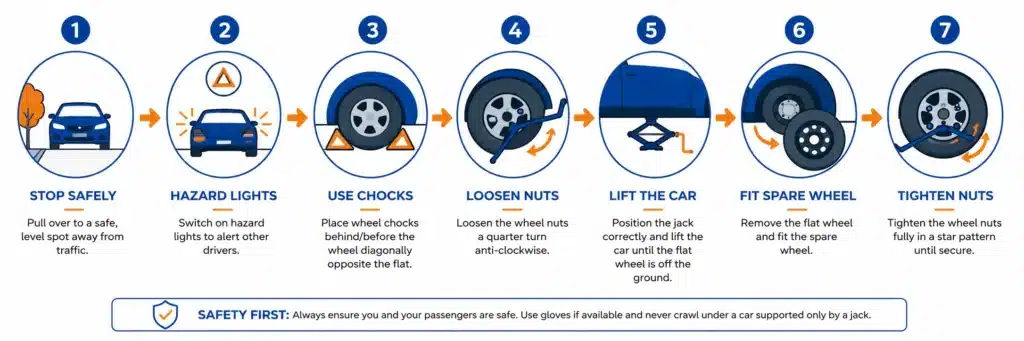 Infographic showing 7 simple steps to change a tire step by step