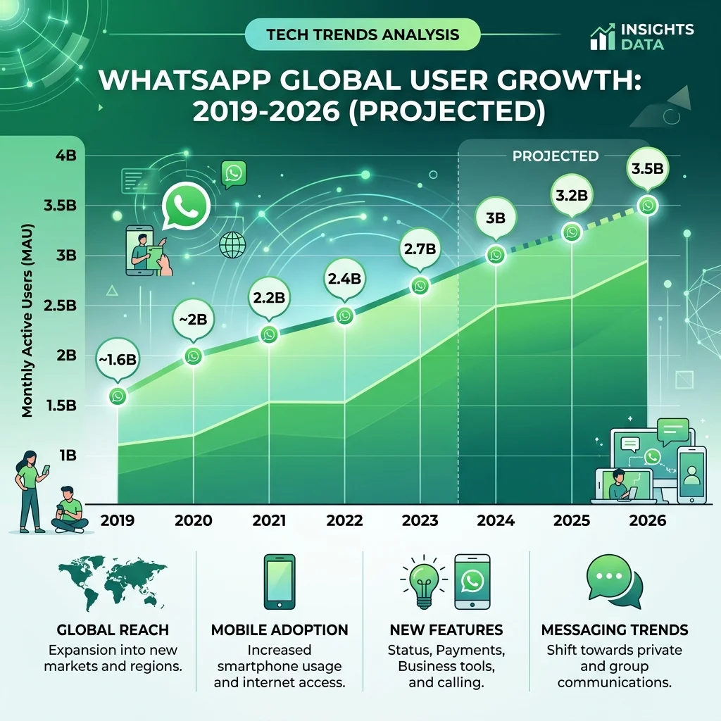 WhatsApp user growth chart 2019 to 2026 under Will Cathcart leadership