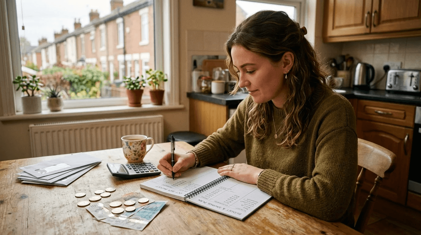 Young woman budgeting at kitchen table to save money fast on a low income