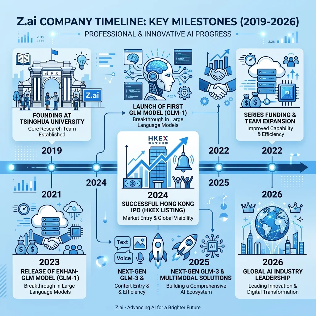 Z.ai company timeline 2019 to 2026 key milestones GLM model Hong Kong IPO