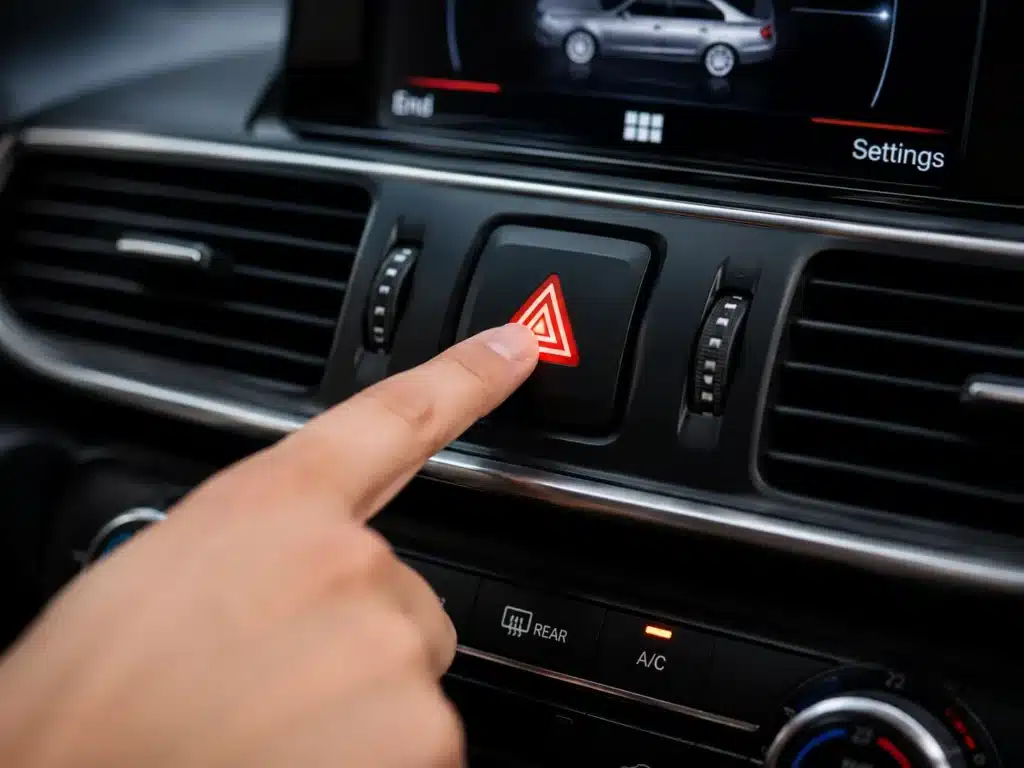 Hand pressing hazard light button inside car dashboard during flat tire emergency