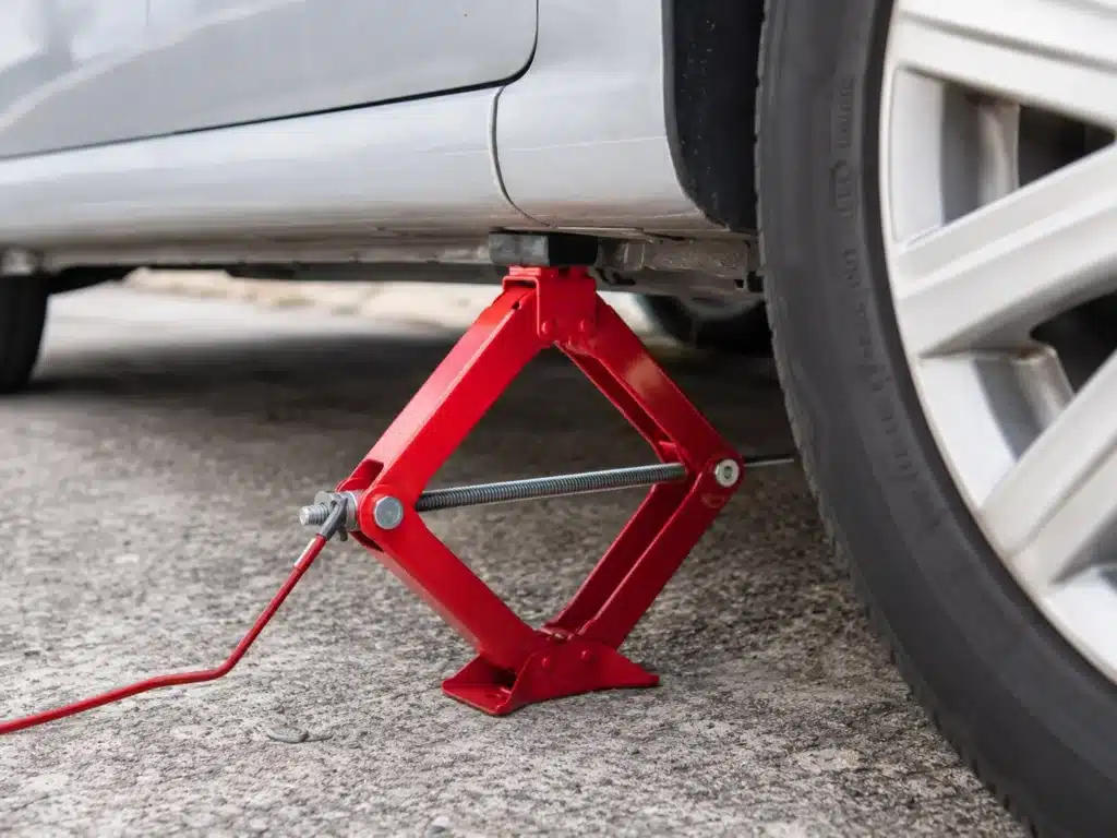 Scissor car jack placed correctly under vehicle frame lifting car for tire change