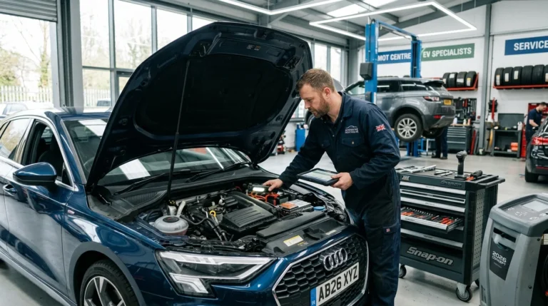 Professional mechanic checking under bonnet of car in UK garage 2026