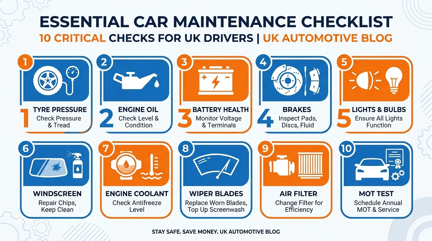 10 essential car maintenance tips infographic for UK drivers 2026