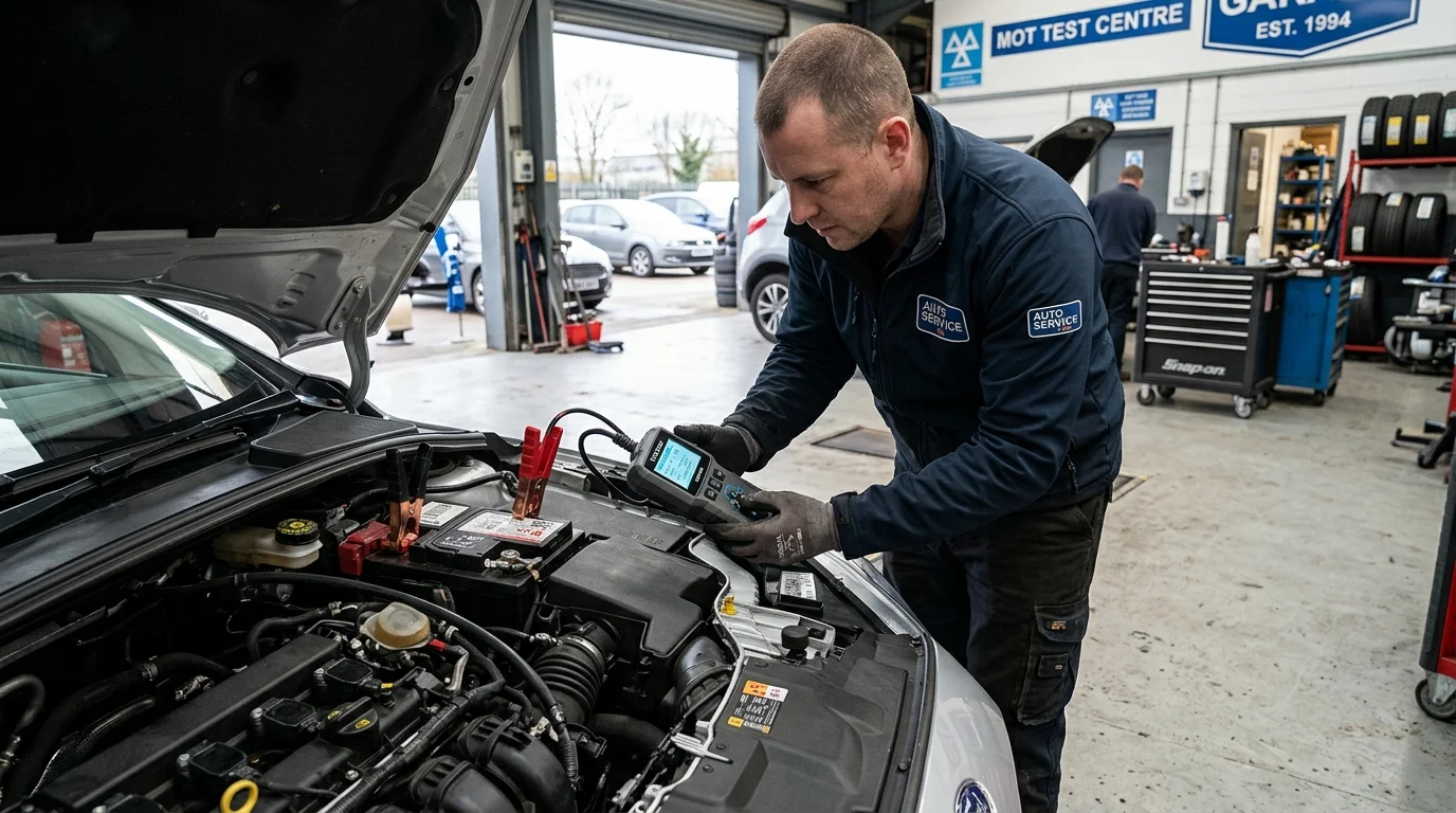 Mechanic testing car battery with battery tester device in UK garage 2026