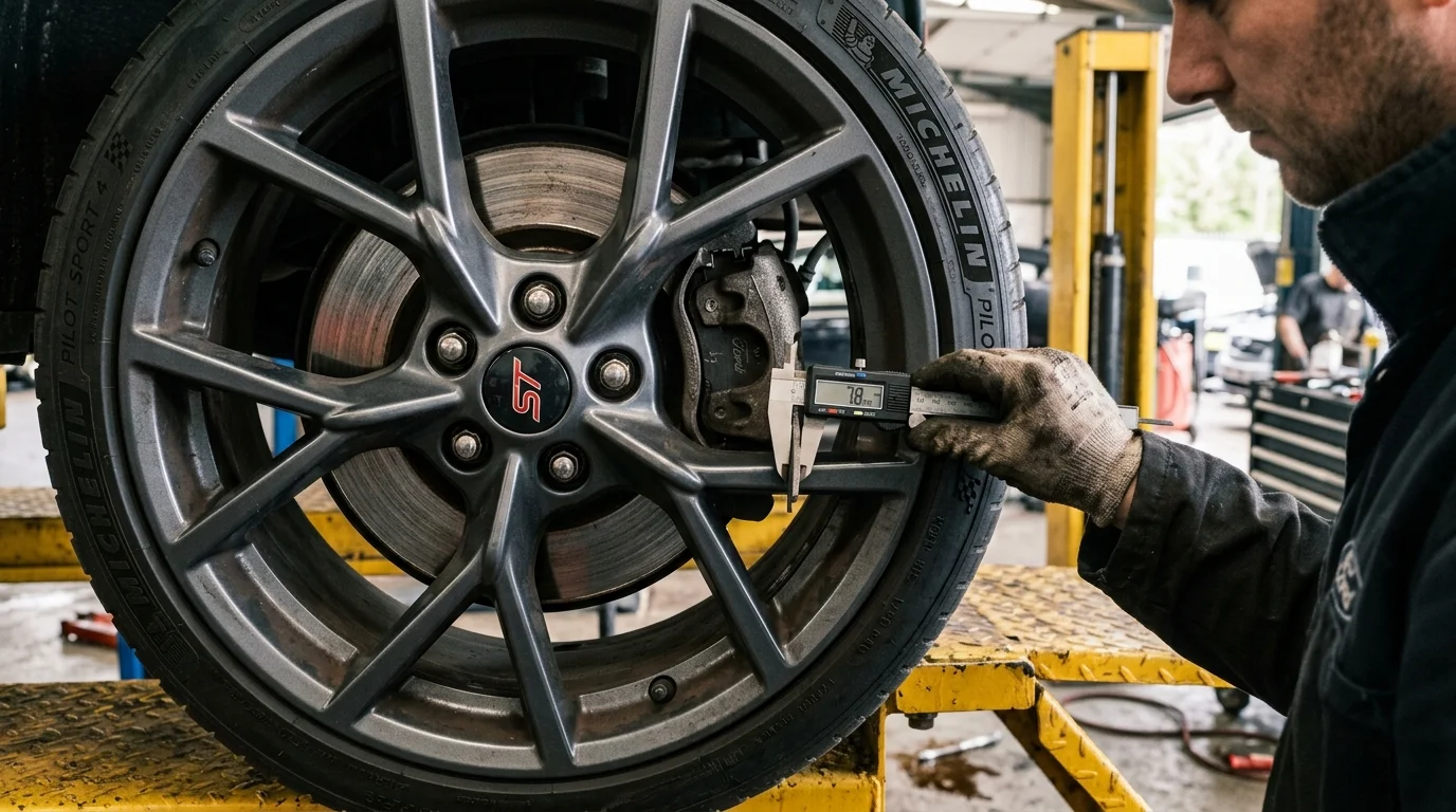 Mechanic inspecting car brake disc and brake pad through alloy wheel in UK garage 2026