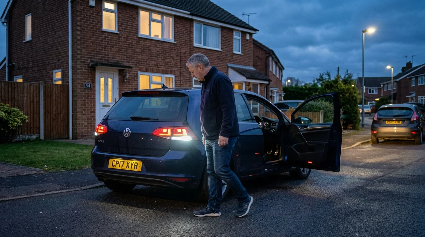 Person checking car headlights brake lights and indicators on UK driveway at dusk 2026