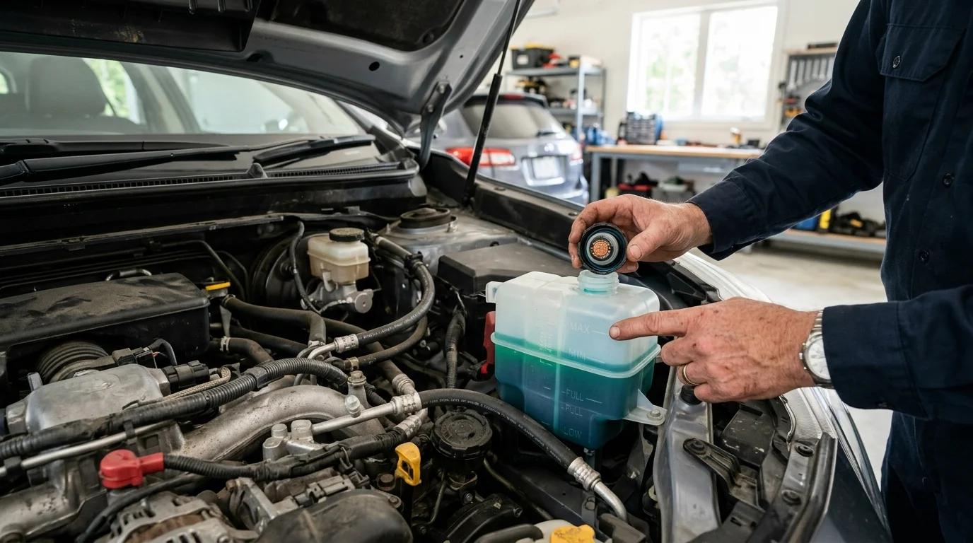 Hands checking coolant level in reservoir under car bonnet UK garage 2026