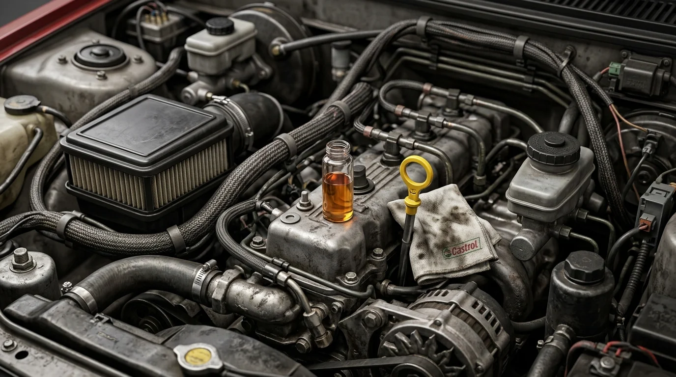 Person checking engine oil level with dipstick under car bonnet UK garage 2026