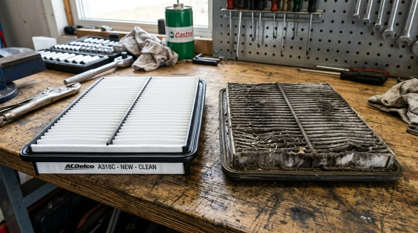 Clean white car air filter compared to dirty clogged grey air filter on garage workbench UK 2026