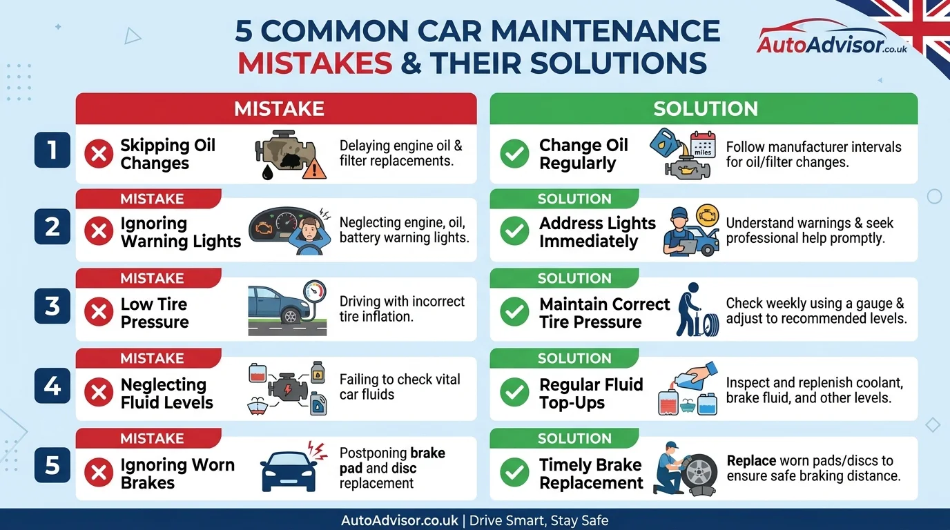 5 common car maintenance mistakes to avoid infographic for UK drivers 2026