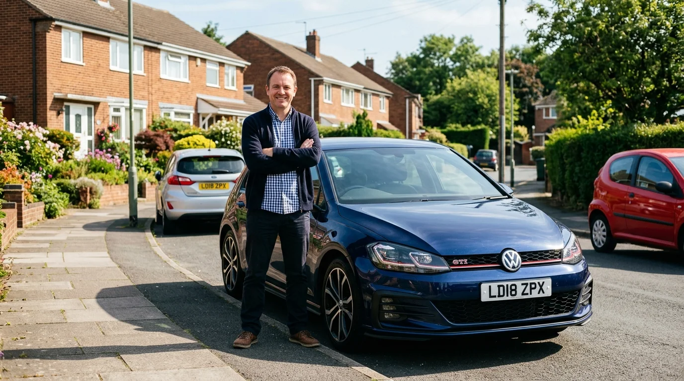 Confident UK driver standing proudly next to well maintained clean car on sunny residential street 2026