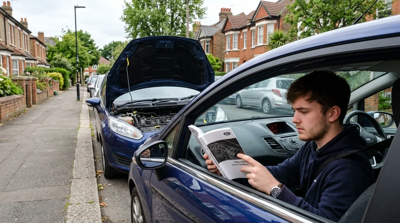 Young UK driver sitting in car reading owner manual with bonnet open in background 2026
