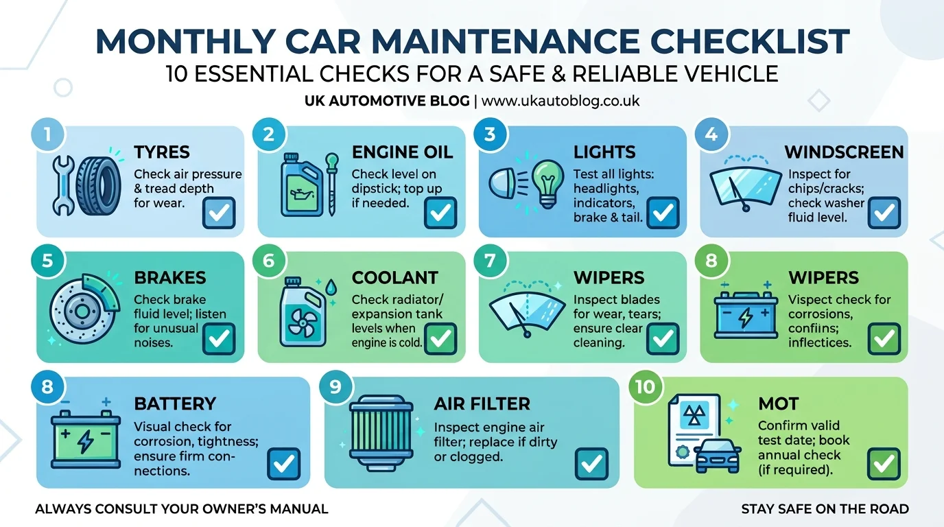 Monthly car maintenance checklist infographic 10 essential checks for UK drivers 2026