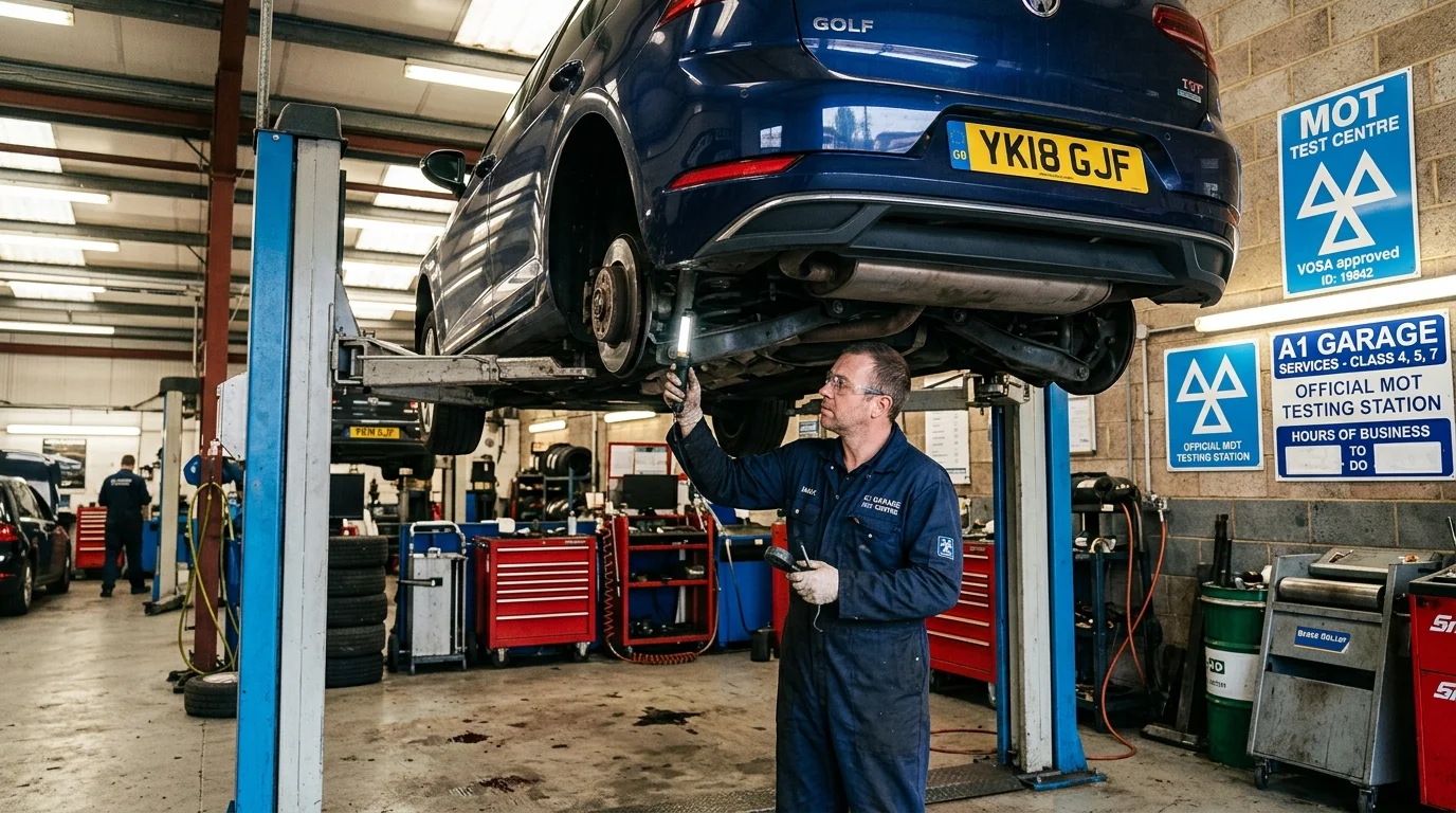 Mechanic conducting MOT inspection on car lifted on ramp in professional UK garage 2026