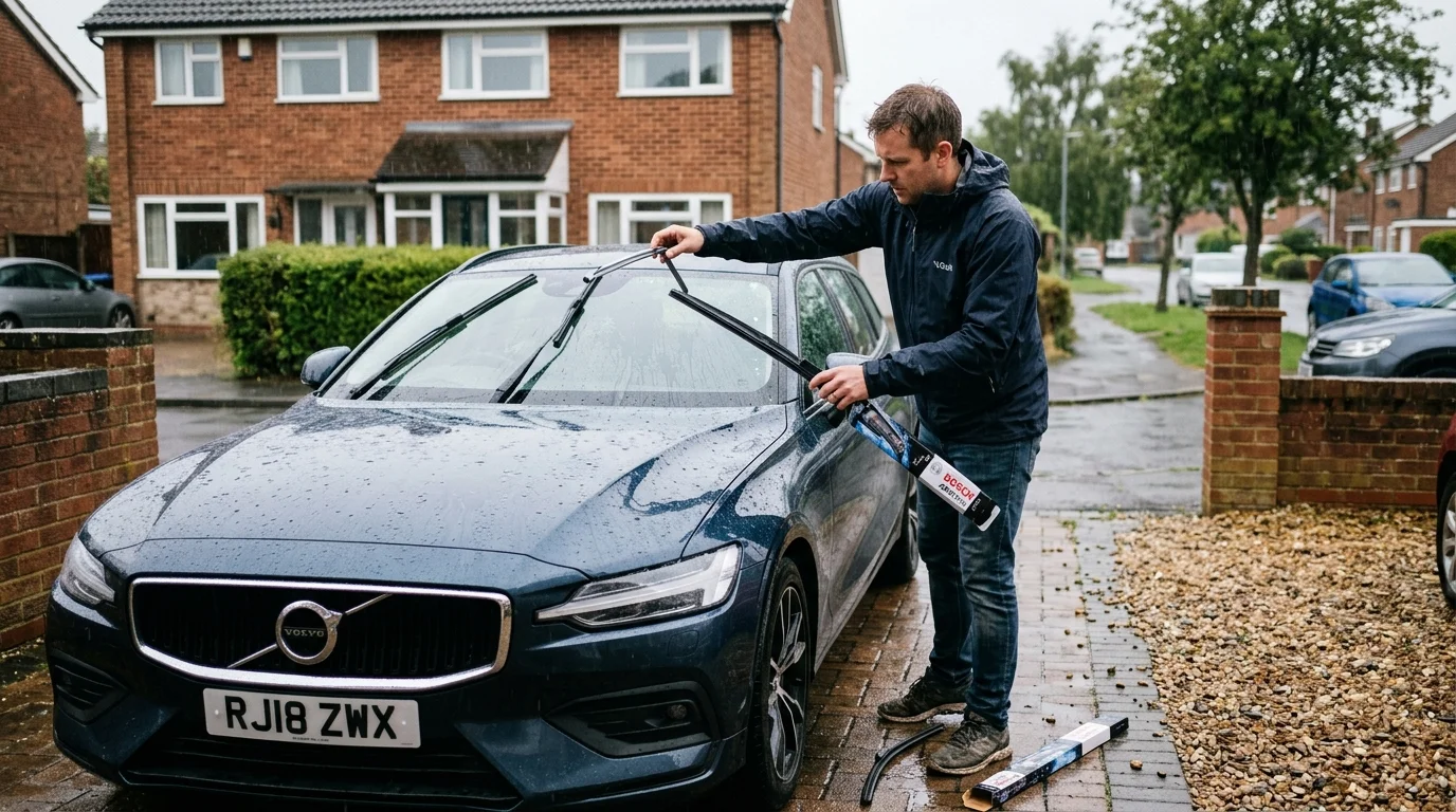 Person replacing windscreen wiper blade on car in UK driveway on rainy day 2026