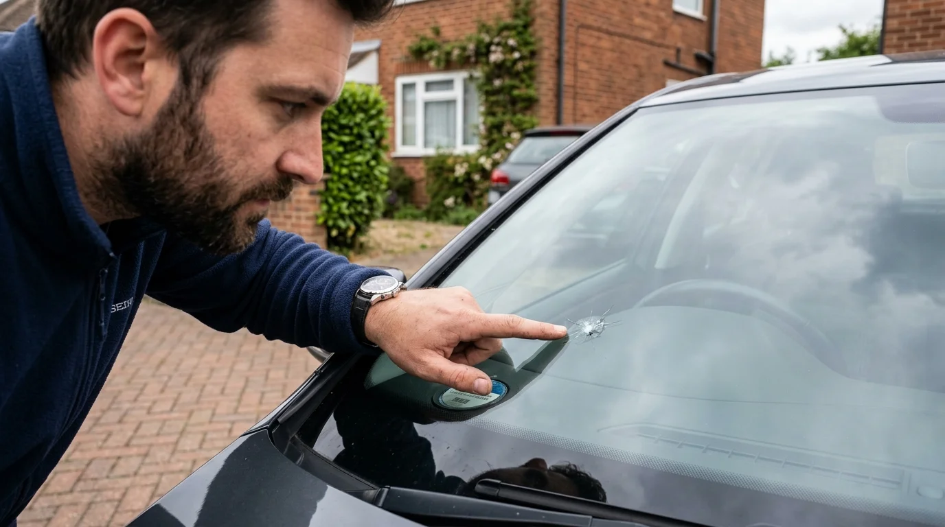 Driver inspecting small chip on car windscreen in natural daylight UK driveway 2026