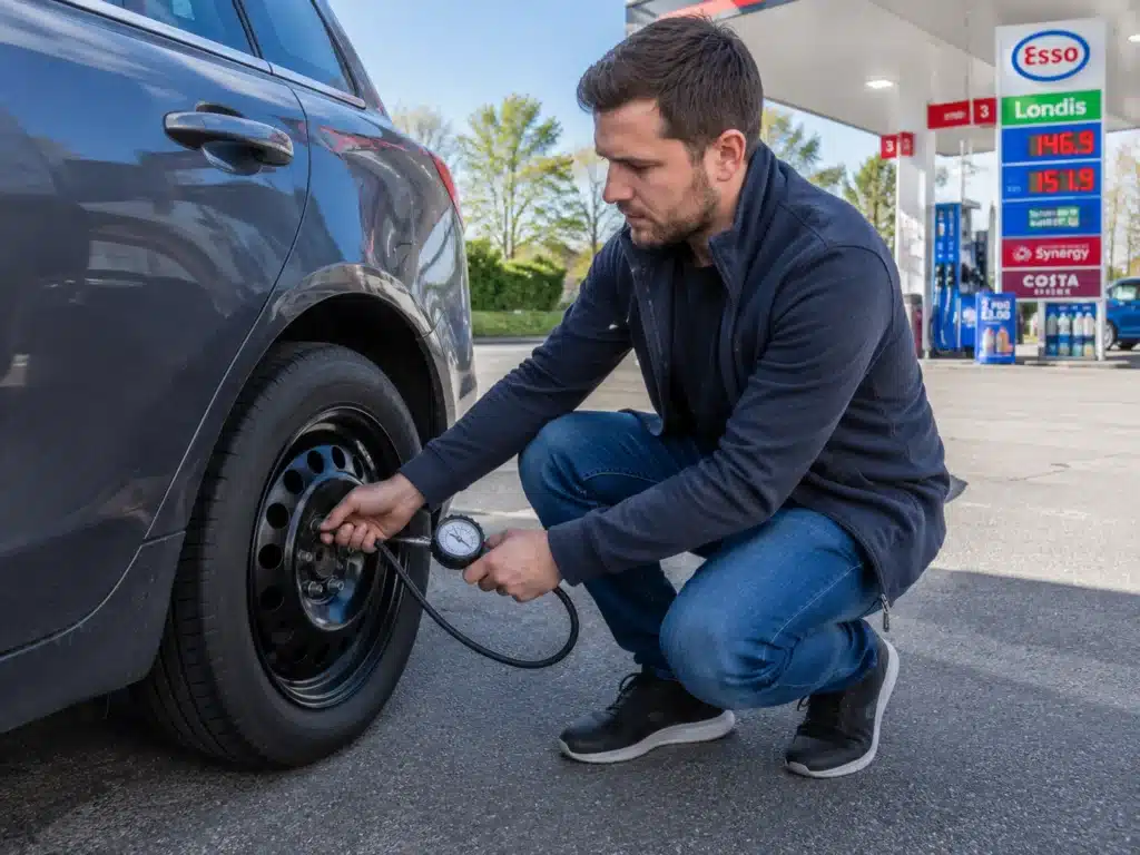 Man checking spare tire air pressure with gauge at UK petrol station after tire change