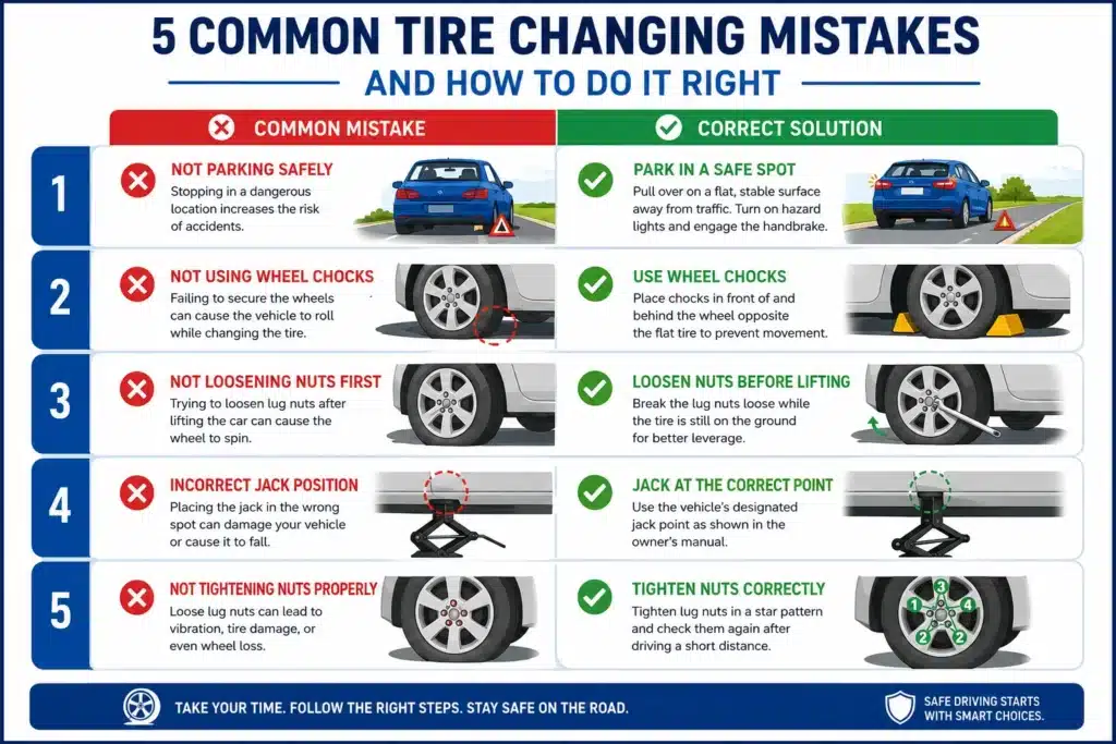Infographic showing 5 common tire changing mistakes and how to avoid them