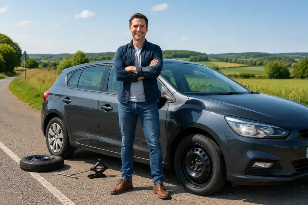 Confident man standing proudly next to car after successfully changing flat tire on countryside road