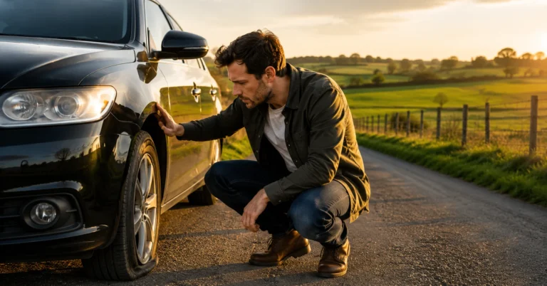 Man changing a flat tire on a countryside road step by step