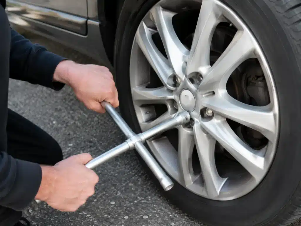 Person using lug wrench to loosen wheel nuts on flat tire before lifting car with jack