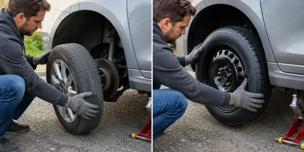 Man removing flat tire from lifted car and fitting new spare tire onto wheel hub