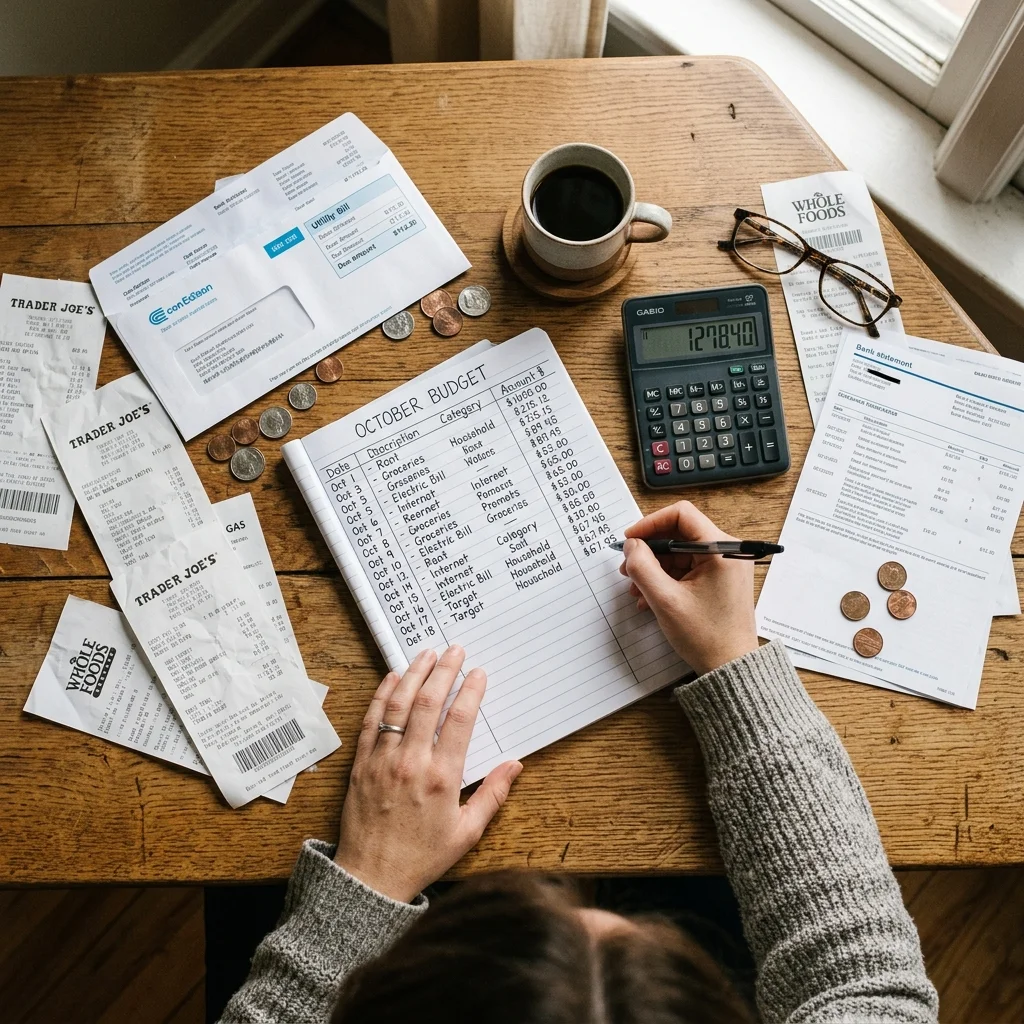 Person writing monthly budget to save money fast on a low income