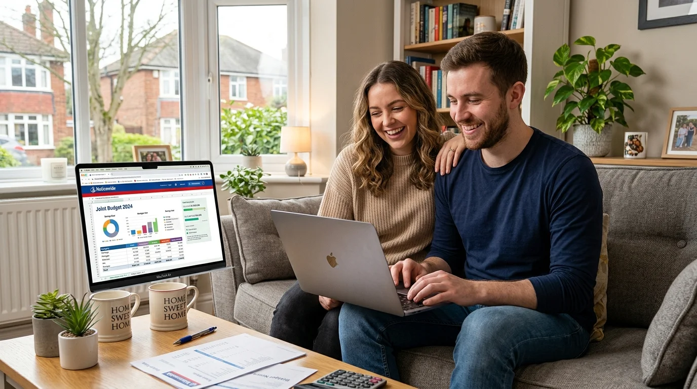 Young couple reviewing finances together on laptop to save money fast on a low income UK