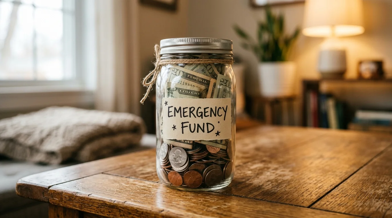 Glass jar emergency fund filled with coins and banknotes to save money fast on a low income