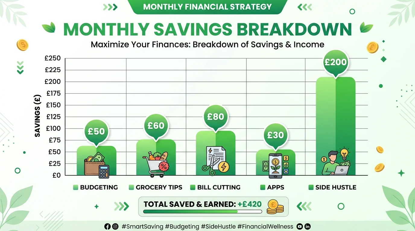 Savings breakdown chart showing how to save money fast on a low income UK 2026
