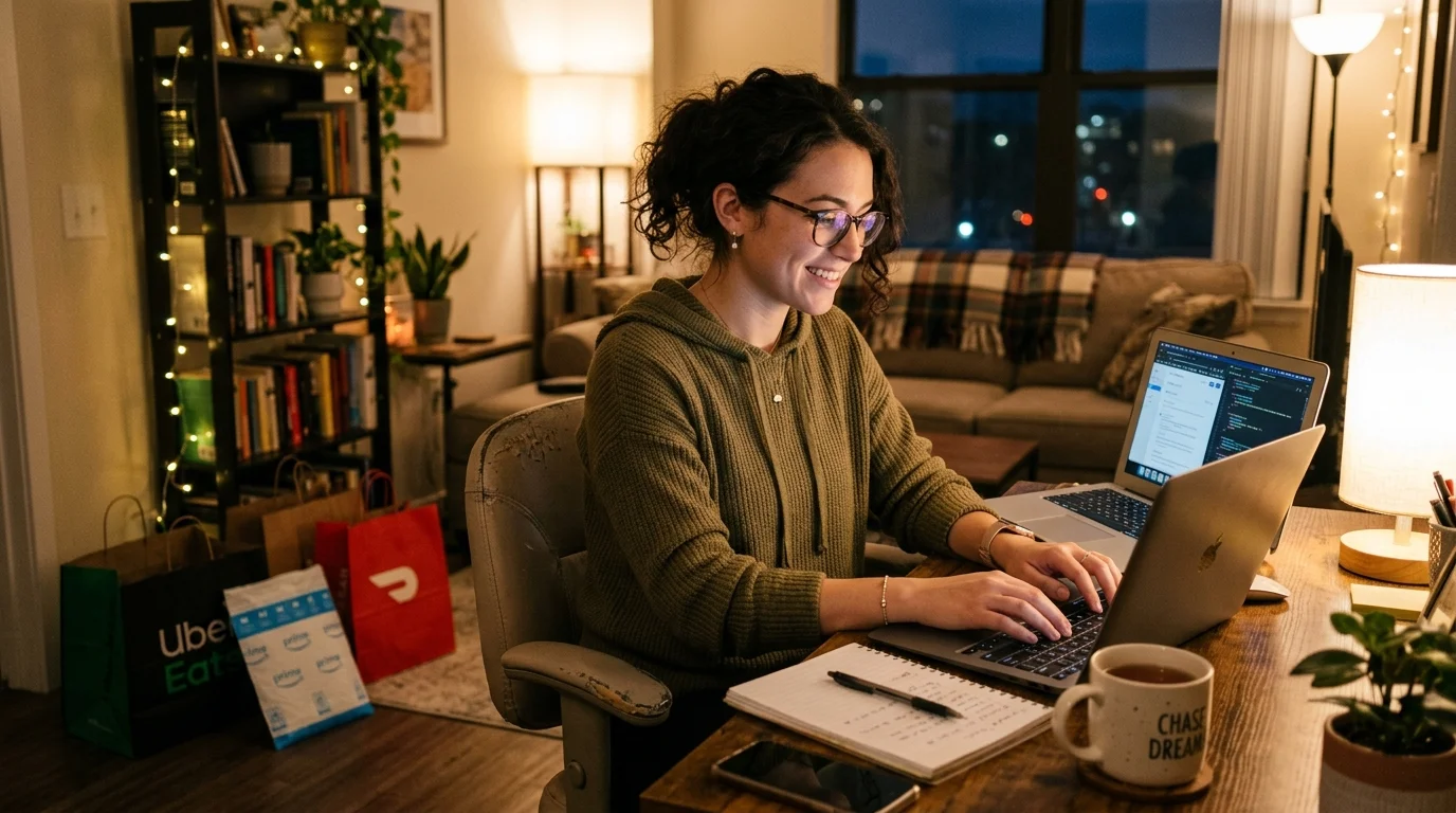 Young woman working on laptop at home with side hustle to save money fast on a low income