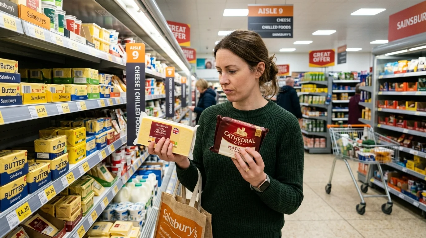 Smart shopper comparing prices in UK supermarket to save money fast on a low income