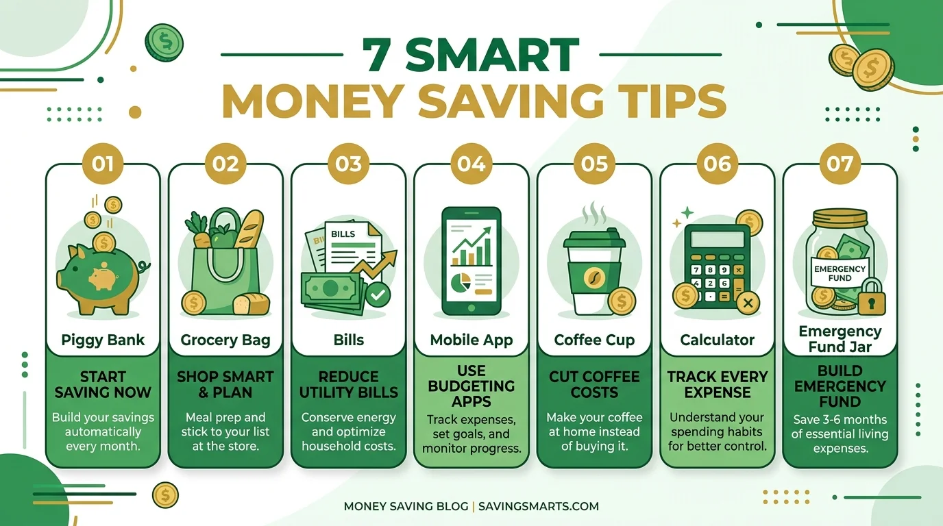 7 ways to save money fast on a low income infographic UK USA 2026