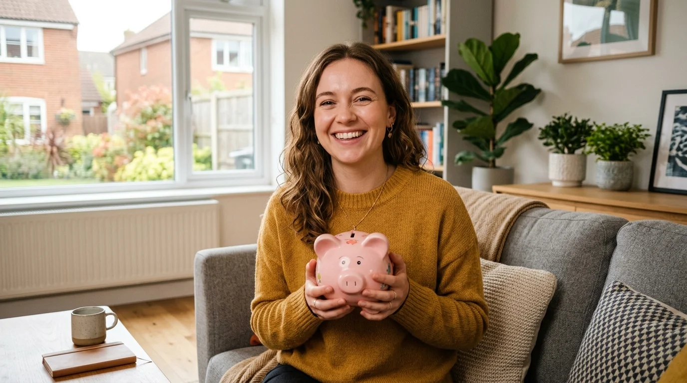 Happy woman holding piggy bank feeling confident after saving money fast on a low income UK