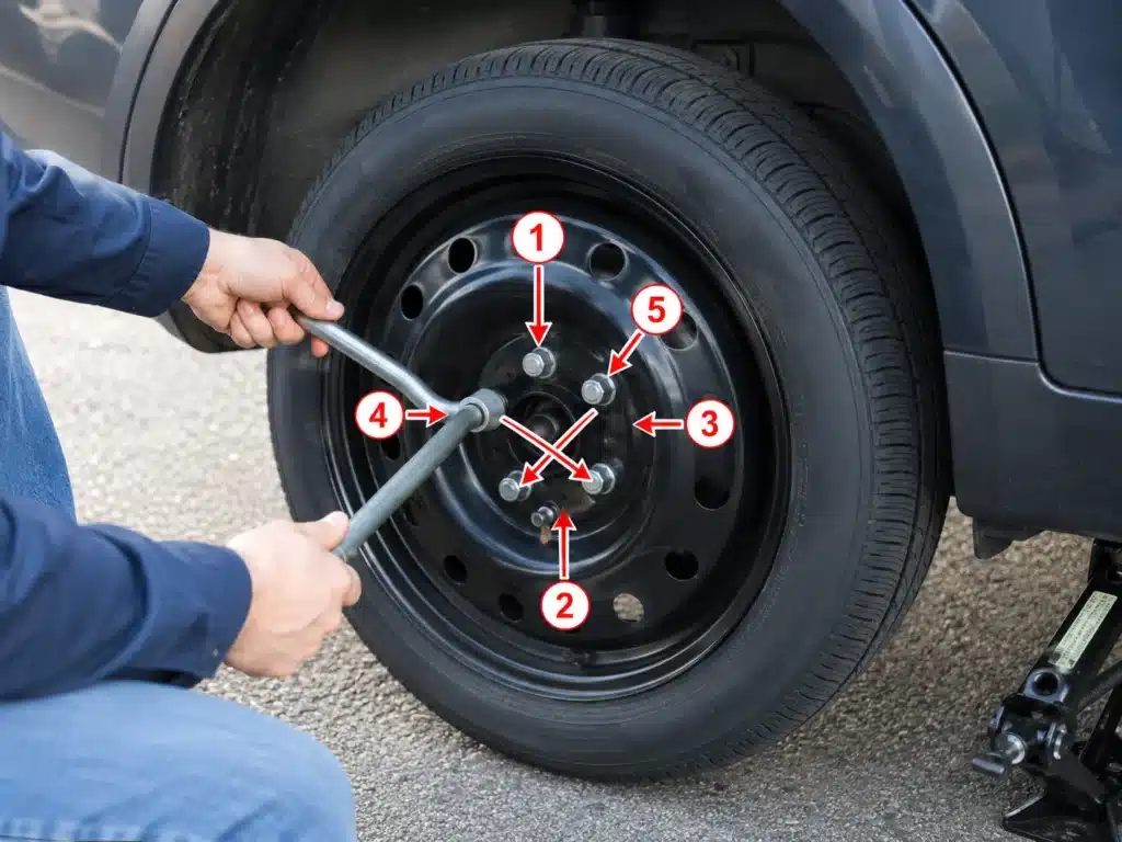 Person tightening lug nuts in star criss cross pattern after fitting spare tire