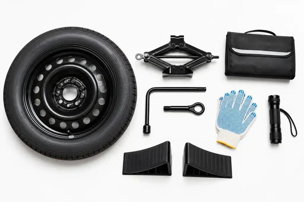 Complete tire changing tools including spare tire jack lug wrench and wheel chocks