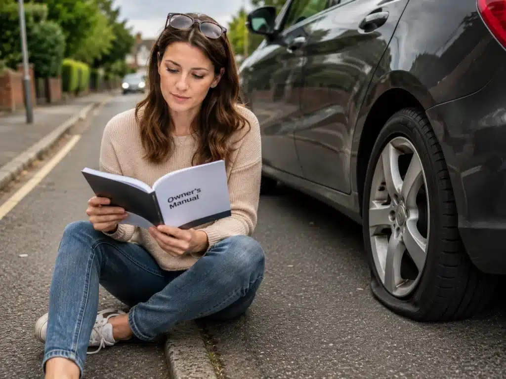 Woman reading car owner's manual beside her car with flat tire on UK roadside