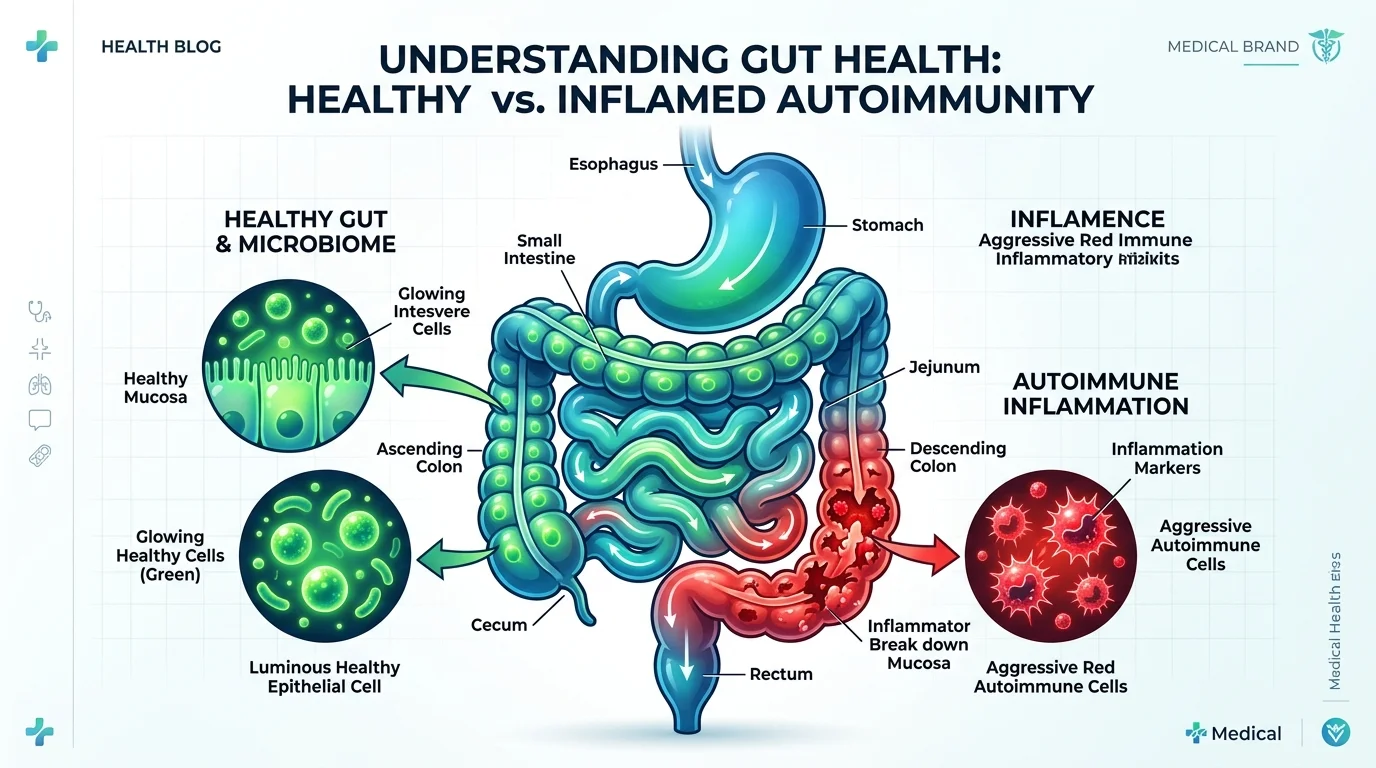 Healthy gut versus autoimmune gastritis inflammation illustration — Bryan Johnson autoimmune disease 2026