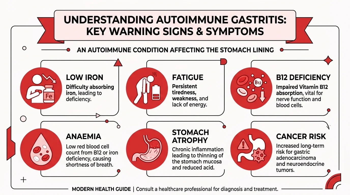 Autoimmune gastritis symptoms and warning signs infographic UK 2026 — Bryan Johnson autoimmune disease
