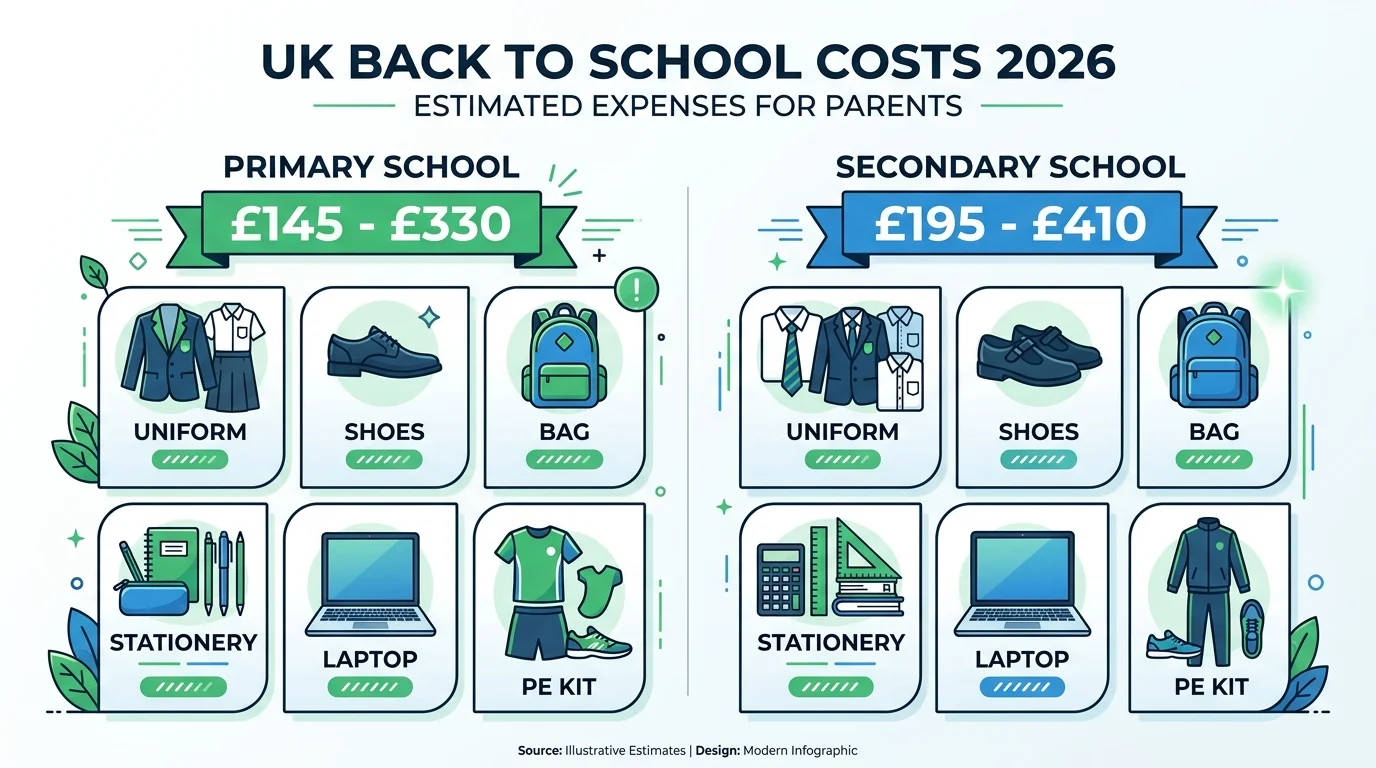 Back to school costs UK 2026 budget infographic — primary and secondary school expenses
