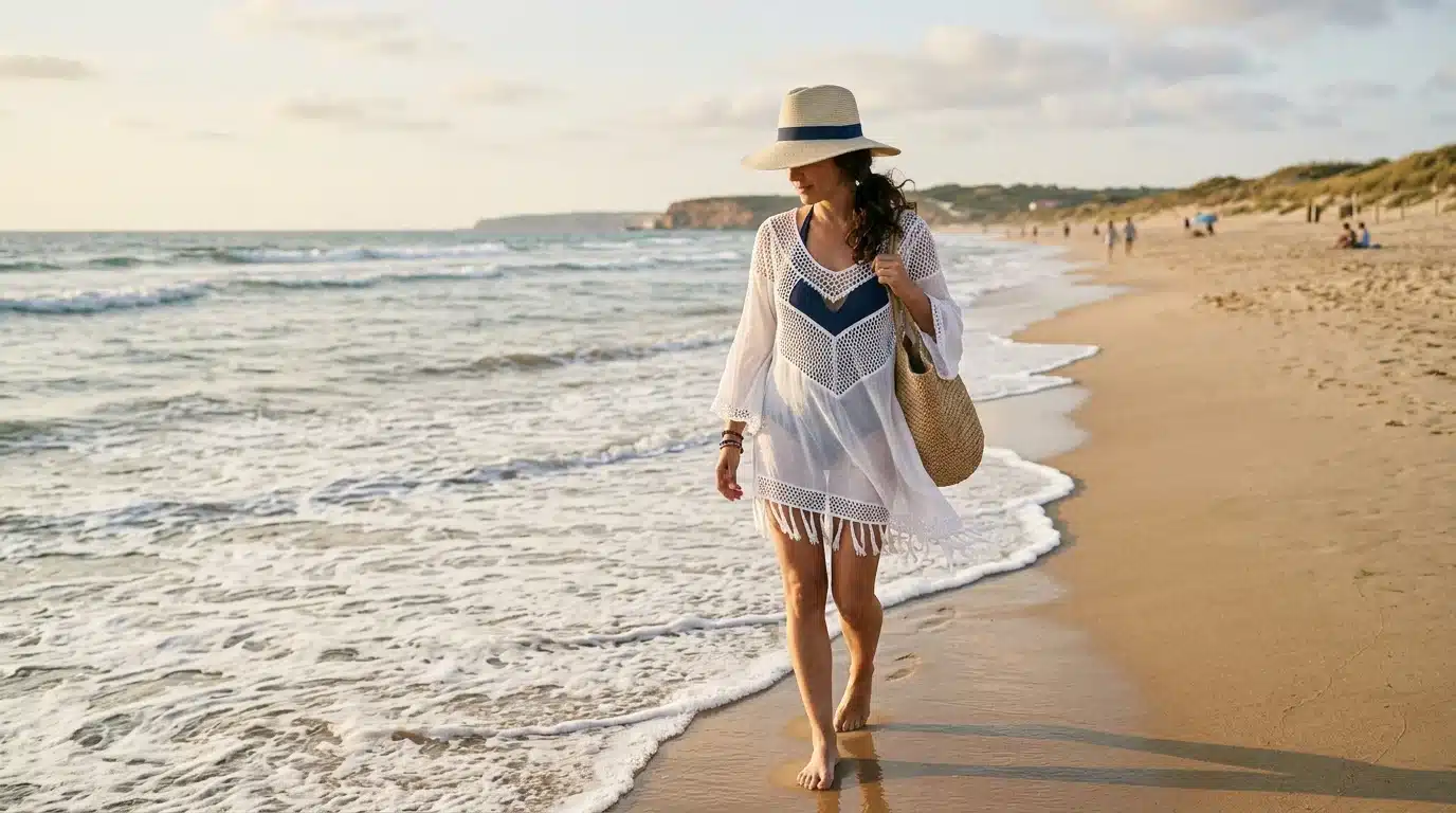Woman wearing a beach vacation outfit idea for summer 2026 near the shoreline