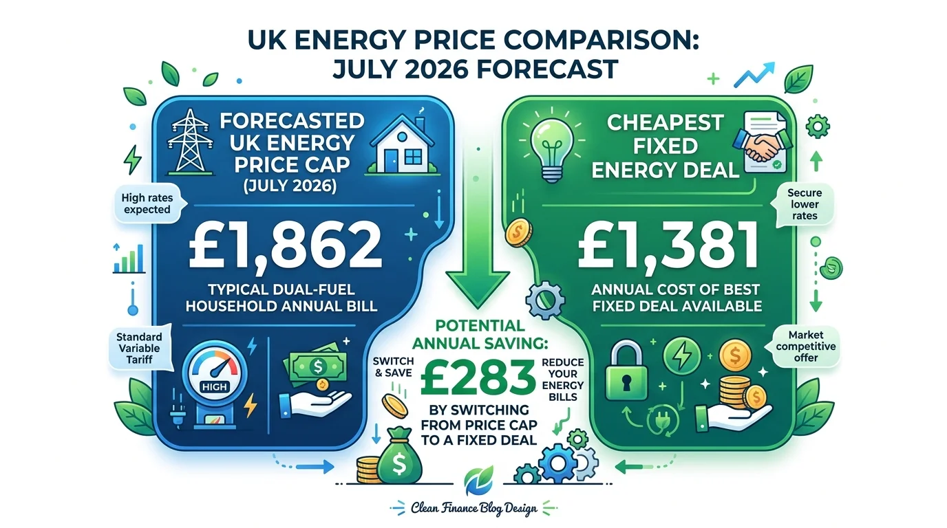 UK energy price cap July 2026 vs cheapest fixed deal comparison infographic