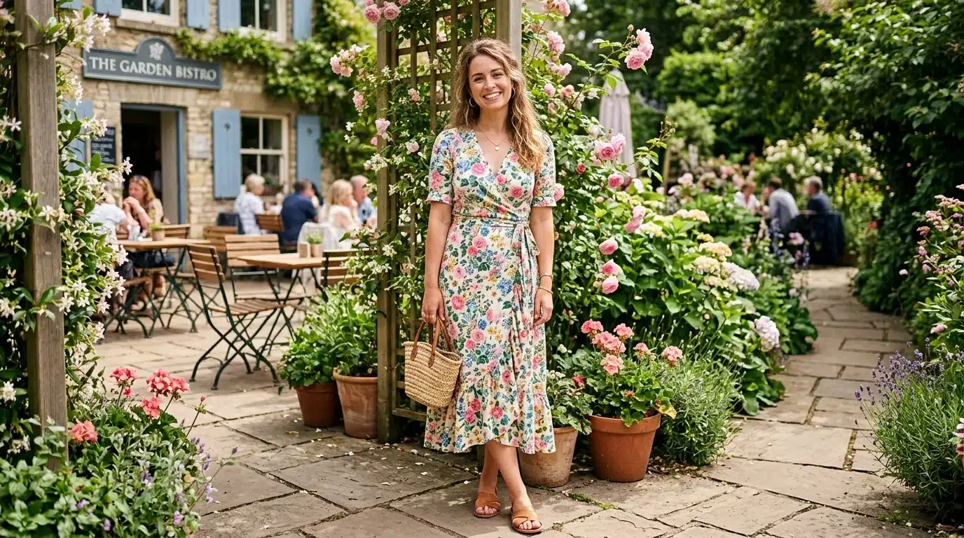 Woman wearing the best summer dress 2026 floral wrap style outdoors