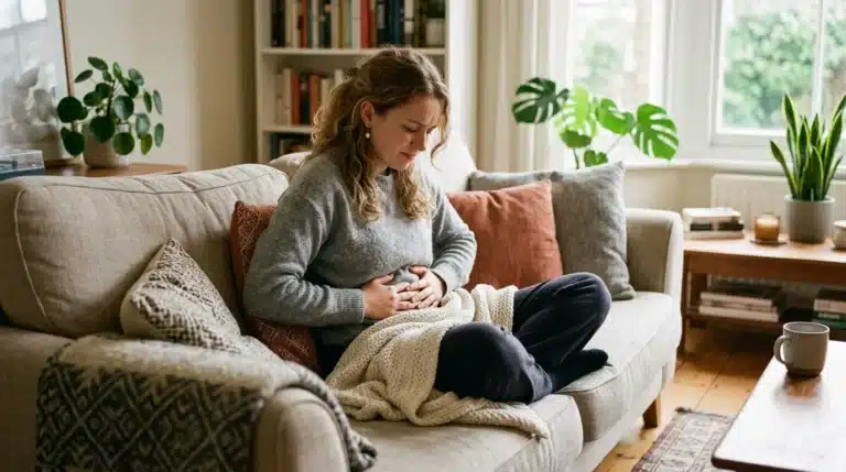 Woman experiencing stomach bloating discomfort at home