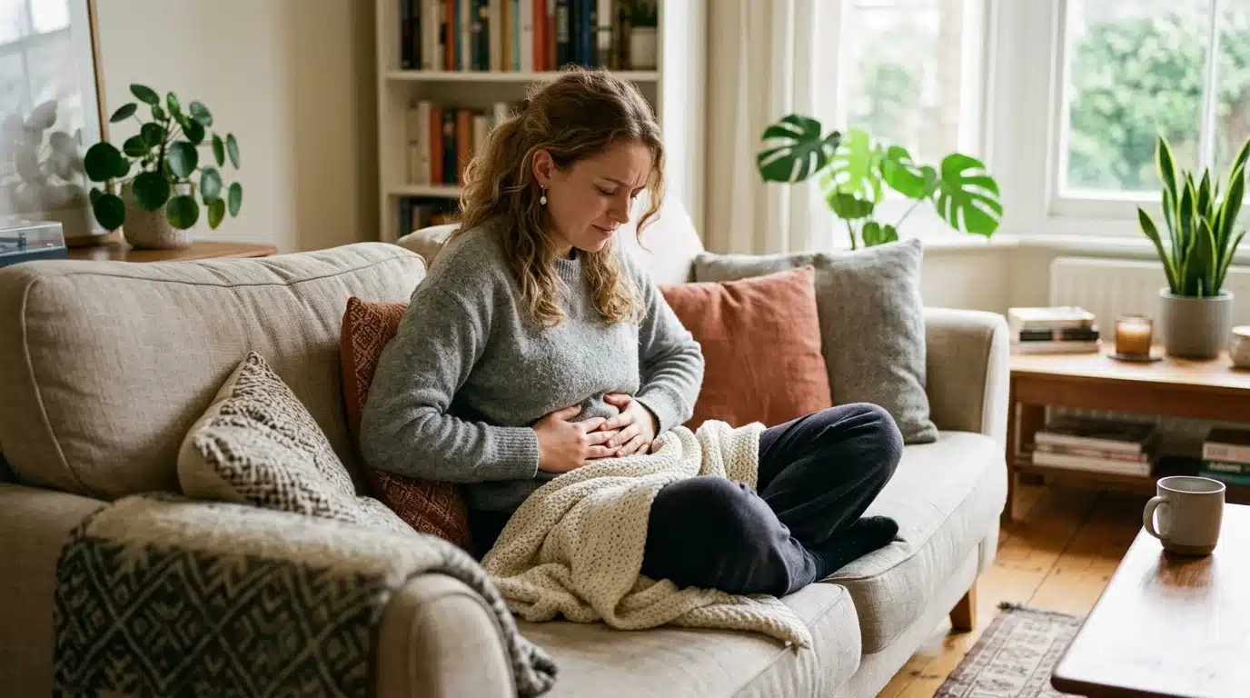 How to reduce bloating fast — woman experiencing stomach discomfort at home