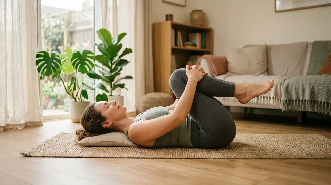 Woman doing a gentle stretch to relieve bloating