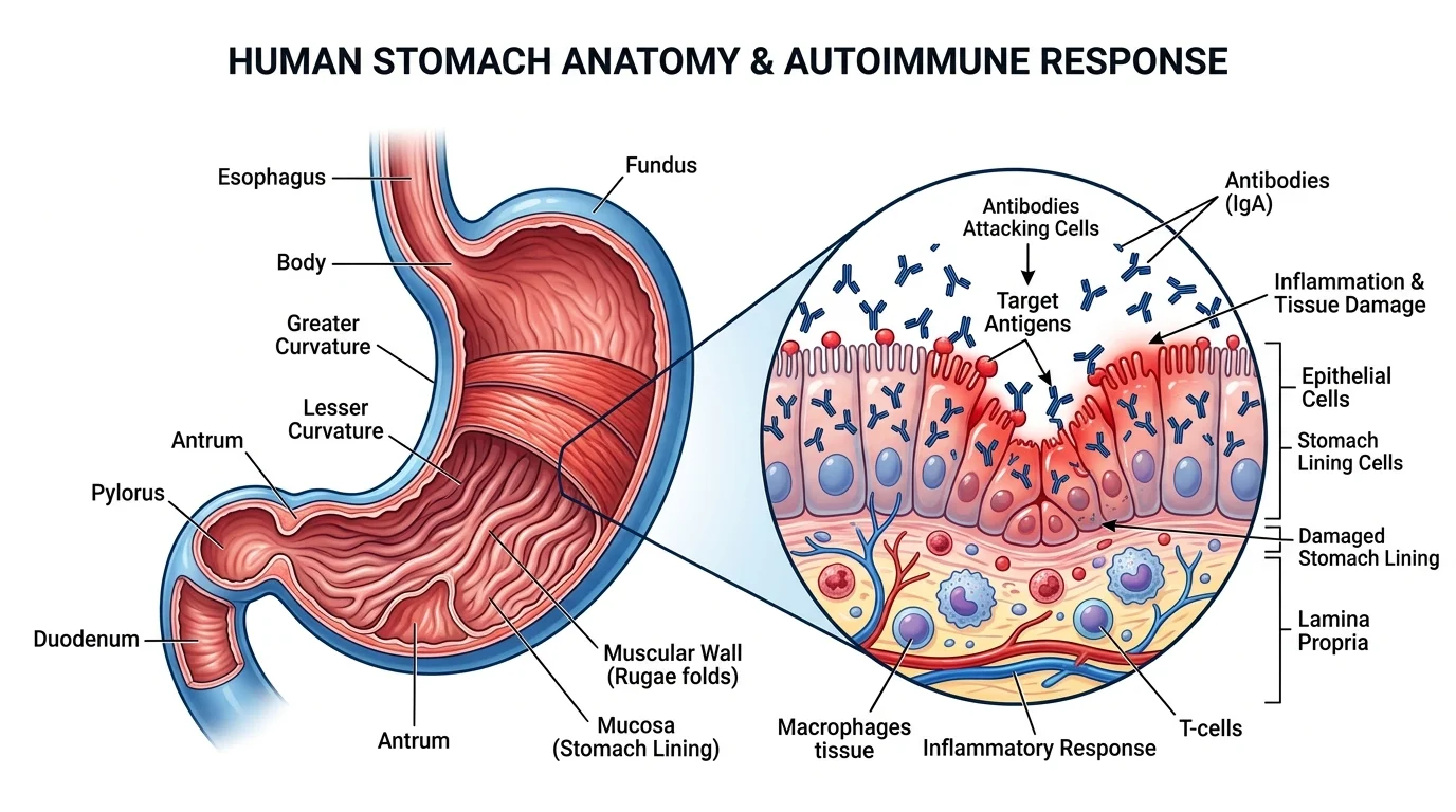 Bryan Johnson autoimmune disease — autoimmune gastritis stomach anatomy illustration 2026