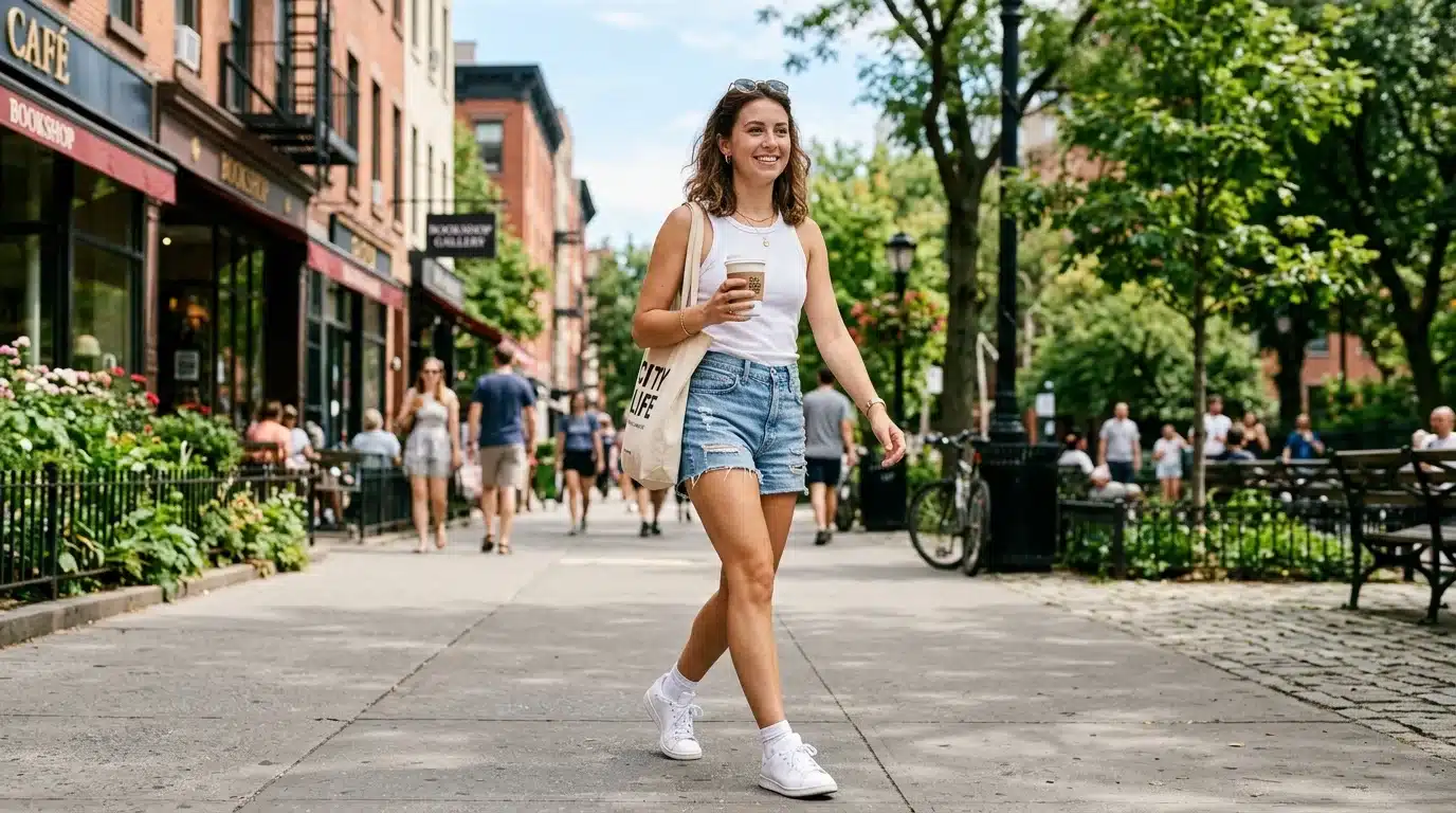 Woman wearing a casual summer outfit idea 2026 with tank top and denim shorts