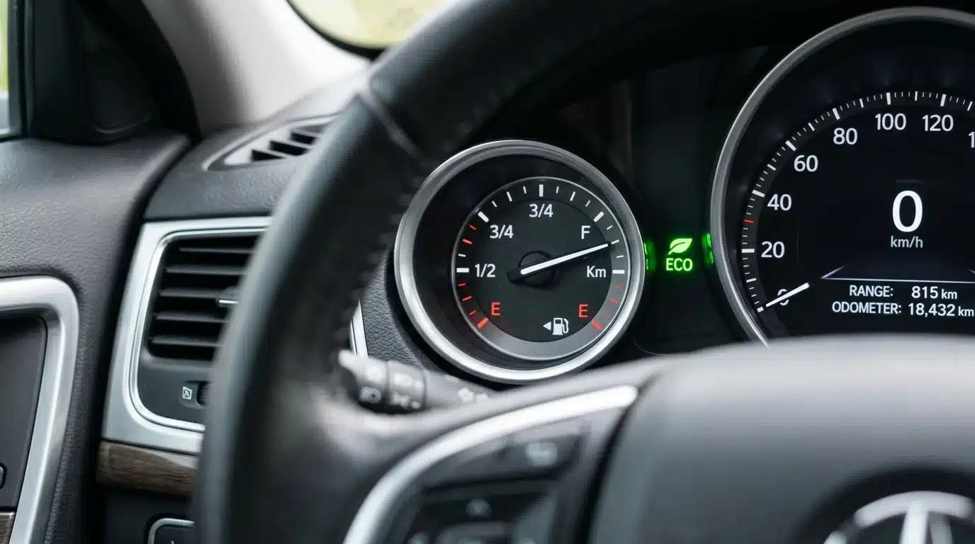 fuel efficient car dashboard showing eco mode UK 2026